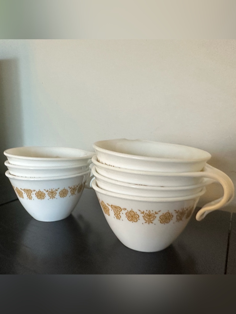 7 Gold Butterfly Harvest Corelle Pyrex Hook Handle Coffee Tea Cups Vintage
